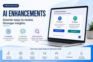 GMR Transcription Services, Inc Press release graphic announcing GMR Transcription's AI Enhancements featuring AI Summary and AI Analysis tools for reviewing and analyzing human-prepared transcripts.