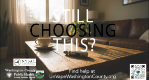 Image of a vaping pen on a table with text overlay 