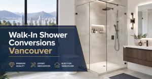 Walk-in shower conversion in Vancouver by 4Local Homes with modern tile and frameless glass.