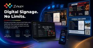 Zoney announced the public unveiling of its digital signage platform, officially stepping out of stealth mode after building and refining a flexible, scalable solution for organizations that want real-time, high-impact communication on any screen Zoney digital signage platform overview showing the dashboard interface on a laptop, mobile app, and display mockups with the slogan Zoney Digital Signage No Limits.
