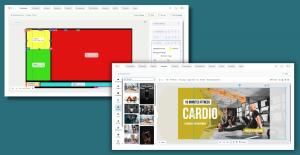 Screenshots of the Zoney software interface displaying multi-zone screen layout mapping and the built-in graphic design studio.