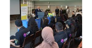 Premier Doug Ford speaking at a podium to CAP 2026 players and guests during the official team announcement in Toronto.