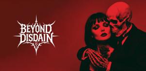 Red and black Beyond Disdain banner with the band's logo beside a woman embraced from behind by a tuxedoed skeleton holding a rose, the artwork motif of the album Till Death Parts Us