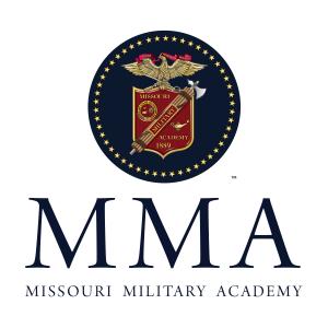 Missouri Military Academy logo with shield, stars and navy blue circle