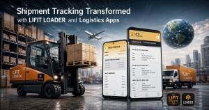 Ultra-high-definition promotional banner featuring a realistic forklift transporting palletized cargo inside a modern warehouse, alongside two smartphones displaying the LIFIT Loader logistics application with shipment tracking dashboards. A branded deliv