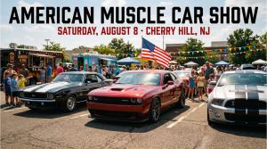 Red muscle car and classic cars at a sunny Cherry Hill, NJ car show with families and food trucks — American Muscle Car Show, Aug 8.