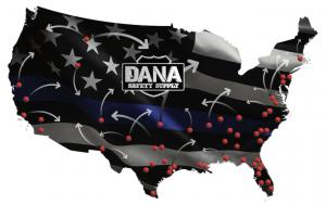 Map of the United States with markings representing Dana Safety Supply locations, with arrows indicating completed vehicles can be transported far beyond the facility completing the upfit of public safety vehicles