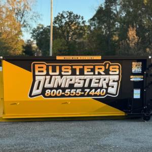 Black and yellow Buster's Dumpsters 20 yard roll-off dumpster, the company's most popular size, for dumpster rental in Lansing MI