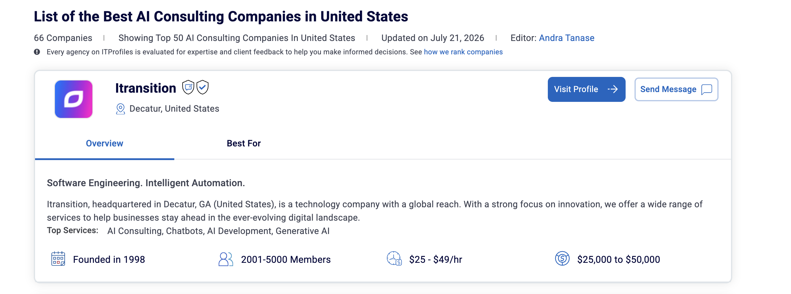 Itransition Recognized Among the Top AI Consulting Companies in the United States by ITProfiles