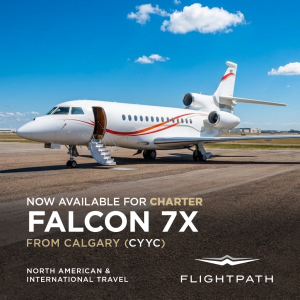 Flightpath Falcon 7X parked at Calgary International Airport (CYYC), highlighting long-range private charter service from Calgary to destinations across North America and internationally.