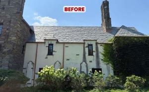 Damaged stucco walls before the restoration