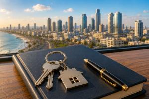 House keys on legal documents with the Tel Aviv skyline in the background representing property purchases in Israel.