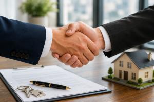 Business handshake above a real estate contract with a model house on the desk during a property purchase in Israel.