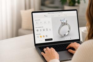 Customer utilizing the new Christopher Fine Diamonds 3D online ring designer tool.