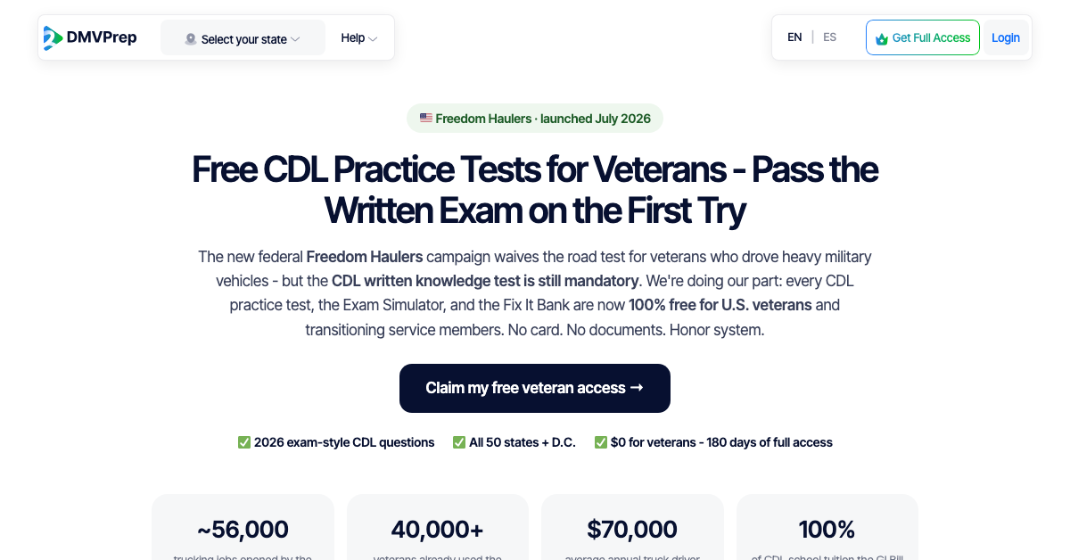DMVPrepNow Makes CDL Written-Test Prep Free for U.S. Veterans After Freedom Haulers Launch