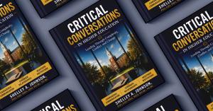 Multiple copies of the book Critical Conversations in Higher Education by Shelley A. Johnson displayed in a promotional layout on a dark blue background.