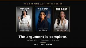 Graphic Book Covers for the Runtime Authority Series: Before It Acts, The Chain, The Root. Author, Emily Hartstone