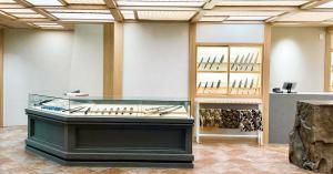 Interior display area at MUSASHI JAPAN Osaka Namba Ebisubashi Store with Japanese kitchen knives in glass cases