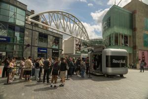 Nomad Luxe mobile pop up shop branded for Revolut at Birmingham Bullring under the landmark arch | The Clear Idea