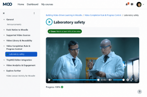 Moodle Video Lesson Activity showing a laboratory safety video, 95% completion requirement, and 100% student progress.