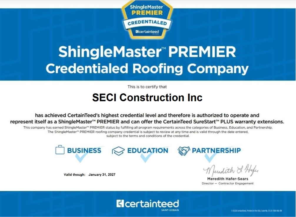 Seci Construction, Inc., Earns CertainTeed ShingleMaster Premier Installer