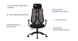 Feature diagram of a black ergonomic mesh office chair highlighting a curved adjustable headrest, 10-level backrest, cooling mesh, 3D PU armrests, 3-position tilt control, and silent glide casters.