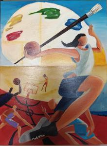 The Artist-Athlete, 2025, acrylic on canvas, 61 x 46 cm. Artwork copyright Aaradhya Sunder