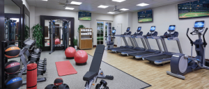 Modern gym with treadmills, elliptical, dumbbells, medicine balls, exercise mats, and TV screens.