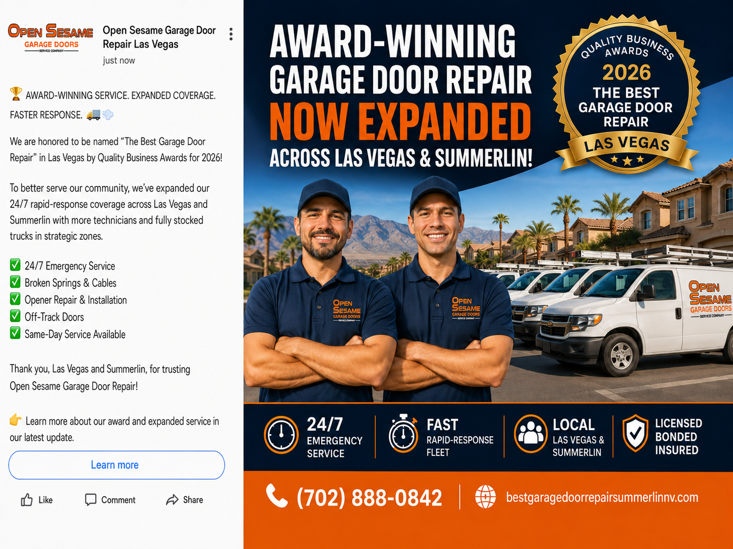Award-Winning Open Sesame Garage Door Repair Strengthens 24/7 Rapid-Response Coverage Across Las Vegas and Summerlin