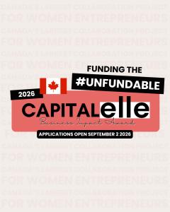 Promotional graphic for the 2026 Capital Elle Business Impact Award. The image announces applications opening September 2, 2026, and features the tagline 