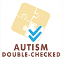 Autism Double Checked logo with brown letters and brown puzzle piece and 2 blue check marks