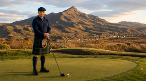Duff Foreman™, a lifelike digital human and autonomous AI sports broadcast personality, stands on the 18th-hole tee box at Turtleback Mountain Golf & Resort in Elephant Butte, New Mexico. Foreman will join Notah Begay III and Ryan Burr during live coverag