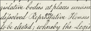 **Alt text:** Close-up of the handwritten Declaration of Independence showing the misspelled word “Repres tative,” with the letters “en” inserted above the line to correct it to “Representative.”