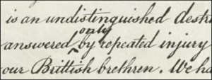 Close-up of the handwritten Declaration of Independence showing the phrase “answered only by repeated injury,” with the word “only” inserted above the line as a correction.
