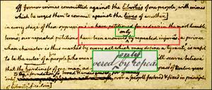 Jefferson’s original rough draft of the Declaration of Independence showing the phrase “answered only by repeated injury,” with the inserted word “only” highlighted in green and the surrounding sentence boxed in red for emphasis.