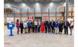 HPIC pharmaceutical partners, donors and supporters at a recent send-off event of 36 pallets of medicine (Ambassador of Lebanon to Canada, His Excellency Bachir Tawk stands to the right of HPIC President Lois Brown in red dress)