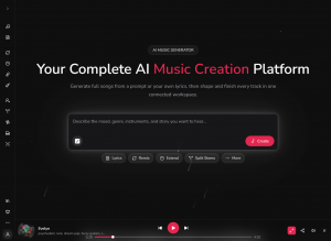 LumiMusic AI music creation workspace showing a prompt-based generator with Lyrics, Remix, Extend, and Split Stems tools.