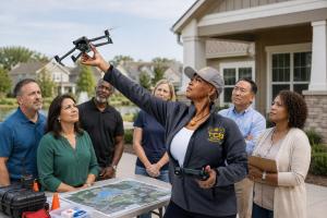 Steffanie Rivers holds a drone and controller while demonstrating responsible drone use to a diverse group of HOA and neighborhood safety leaders in a residential community.
