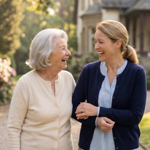 eine Pflegekraft, die neben einer alten Dame sitzt und sich um sie kümmert
