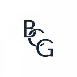 Dark navy monogram interlocking the letters B, C, and G on a white background.