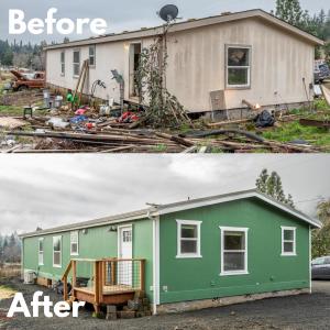 Split before-and-after photo of a single-story manufactured home. The top image shows weathered tan siding, overgrown vines and construction debris in the yard. The bottom image shows the same home with green siding, white trim, a new wood entry deck and