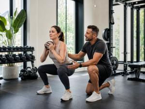 Postpartum woman performing a goblet squat while a Train With Dave coach guides her form in a private Orange County training studio.
