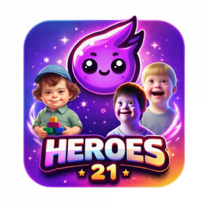 Official Heroes of 21 logo for a multilingual educational platform supporting children with Down syndrome in Arabic, English, French, and Turkish.