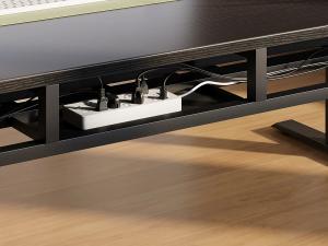 OffiGo electric standing desk with cable management tray organizing power cords and cables underneath the desktop for a clean home office setup.