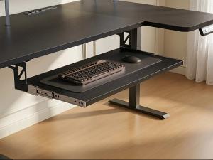 OffiGo adjustable standing desk with pull-out keyboard tray for ergonomic computer setup and improved workspace organization.