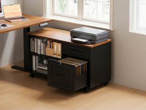 OffiGo electric standing desk with side cabinet storage featuring drawers, file organization, and home office workspace solution.