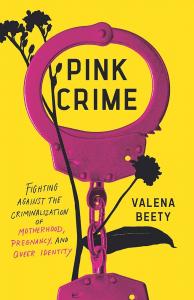 Yellow book with pink handcuff's on the cover. Book is titled Pink Crime by Valena Beety.