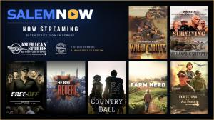 American Stories Entertainment now streaming on SalemNOW — seven series available on demand, including Wild Shots, Surviving Mann, Face-Off, The Big Reveal, Country Ball, Farm Hero, and Surviving Mann: All Stars Season 4, plus the American Stories Network