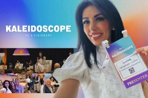 LT Global founder and CEO at 8am Kaleidoscope, holding a presenter badge beside law firm technology conference photos.