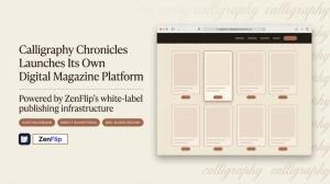 Calligraphy Chronicles, the digital magazine and podcast founded by Jill Burk, has launched its own digital magazine platform under its own domain and brand Editorial press release feature image with a warm cream background and a repeated calligraphy watermark. On the left, large serif text reads "Calligraphy Chronicles Launches Its Own Digital Magazine Platform" with the subtitle "Powered by ZenFlip's white-